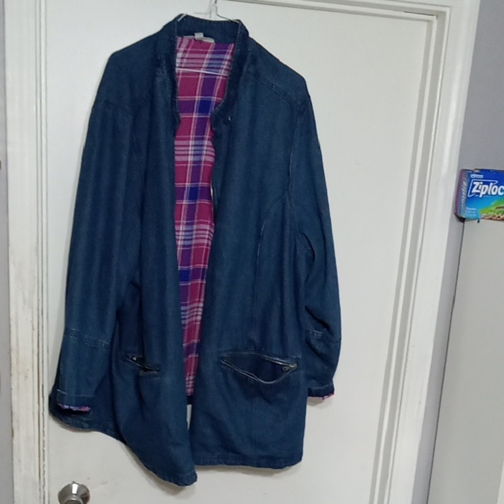 Woman Within Blue Denim Jacket with Pink Plaid Lining